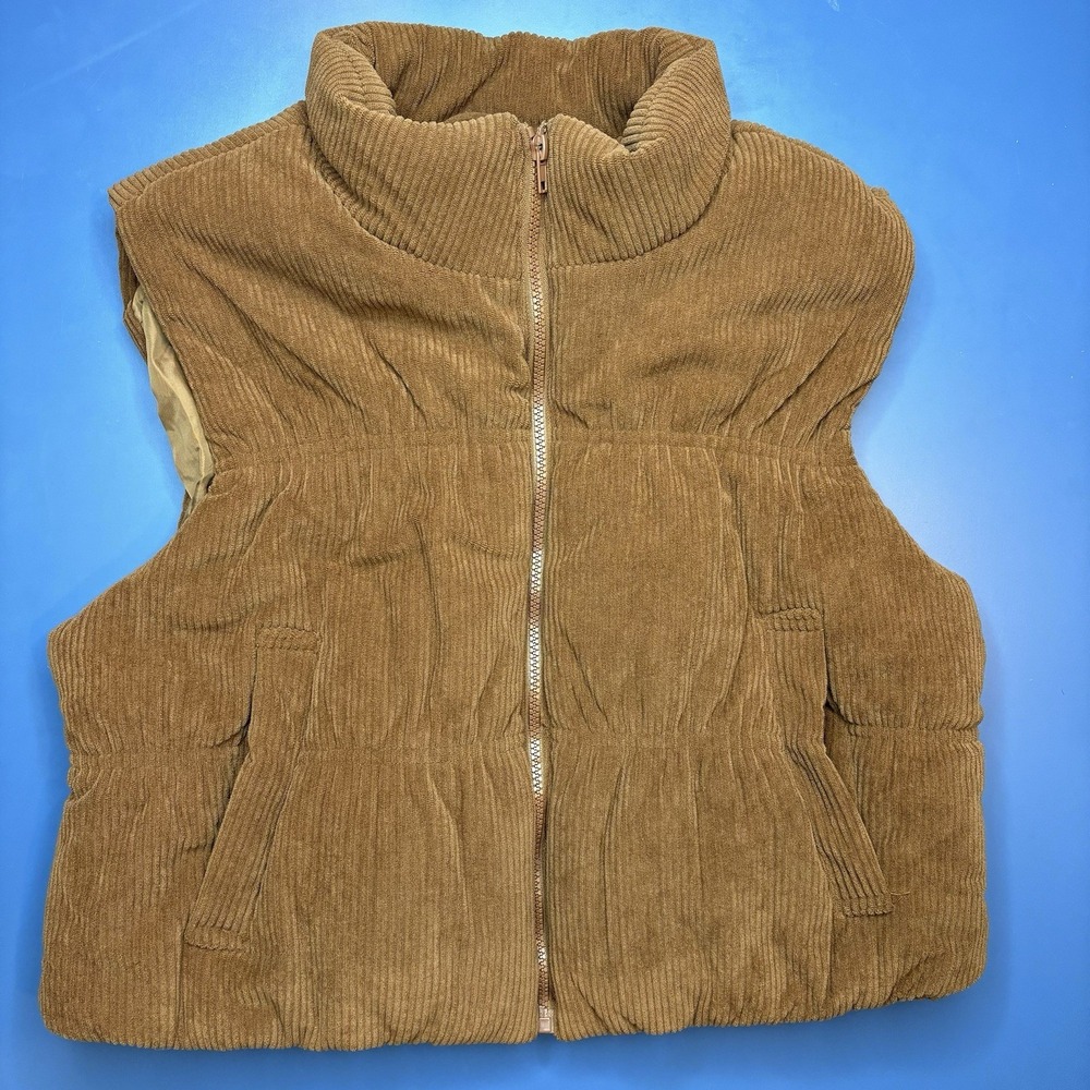 Brown Corduroy Puffer Vest XL Fleece Lined Cropped Boho Cottage Forest Cozy Cute